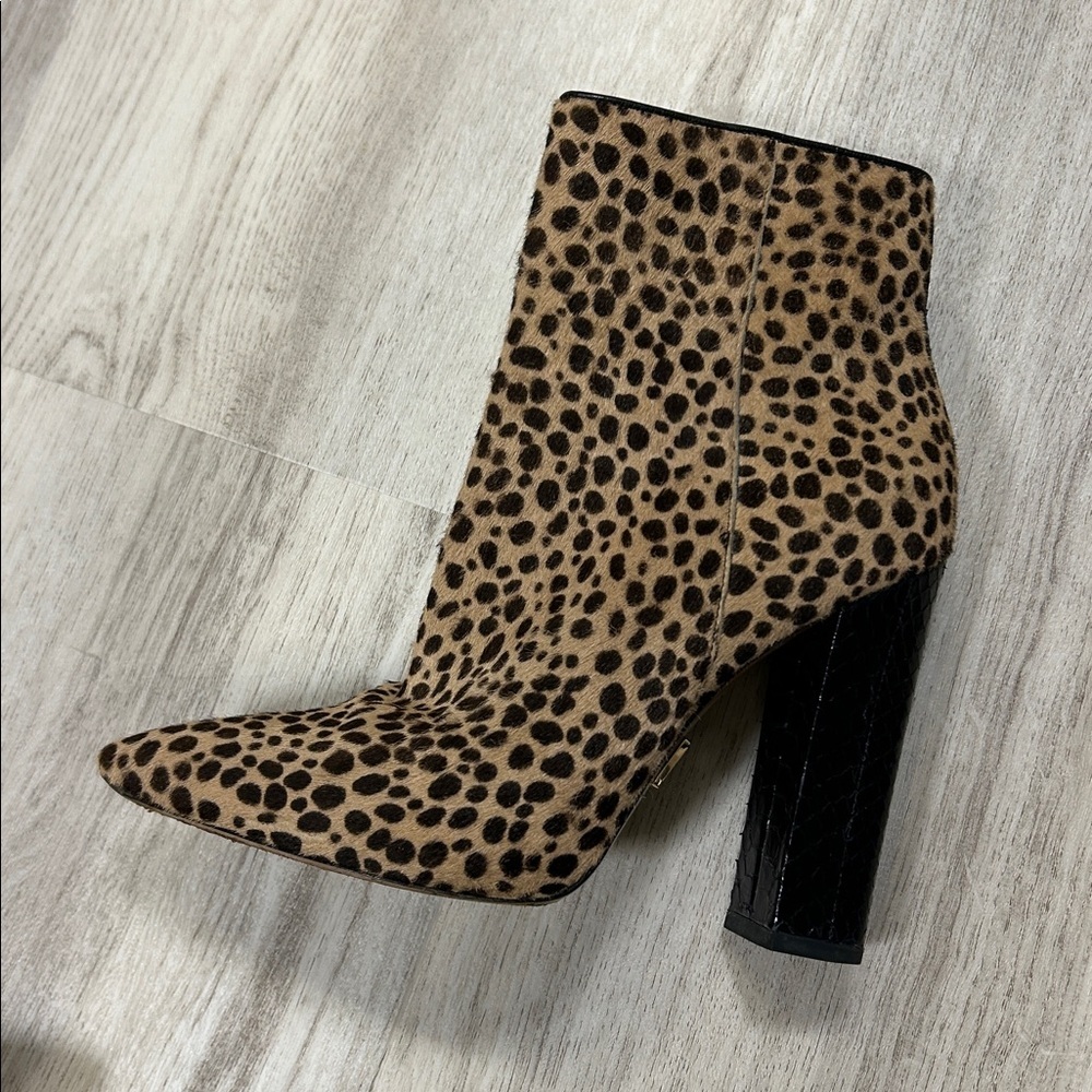 Michael Kors Leopard Calf Hair Embossed Leather Gold Zip Chunky Heel Ankle Boots - Picture 9 of 16